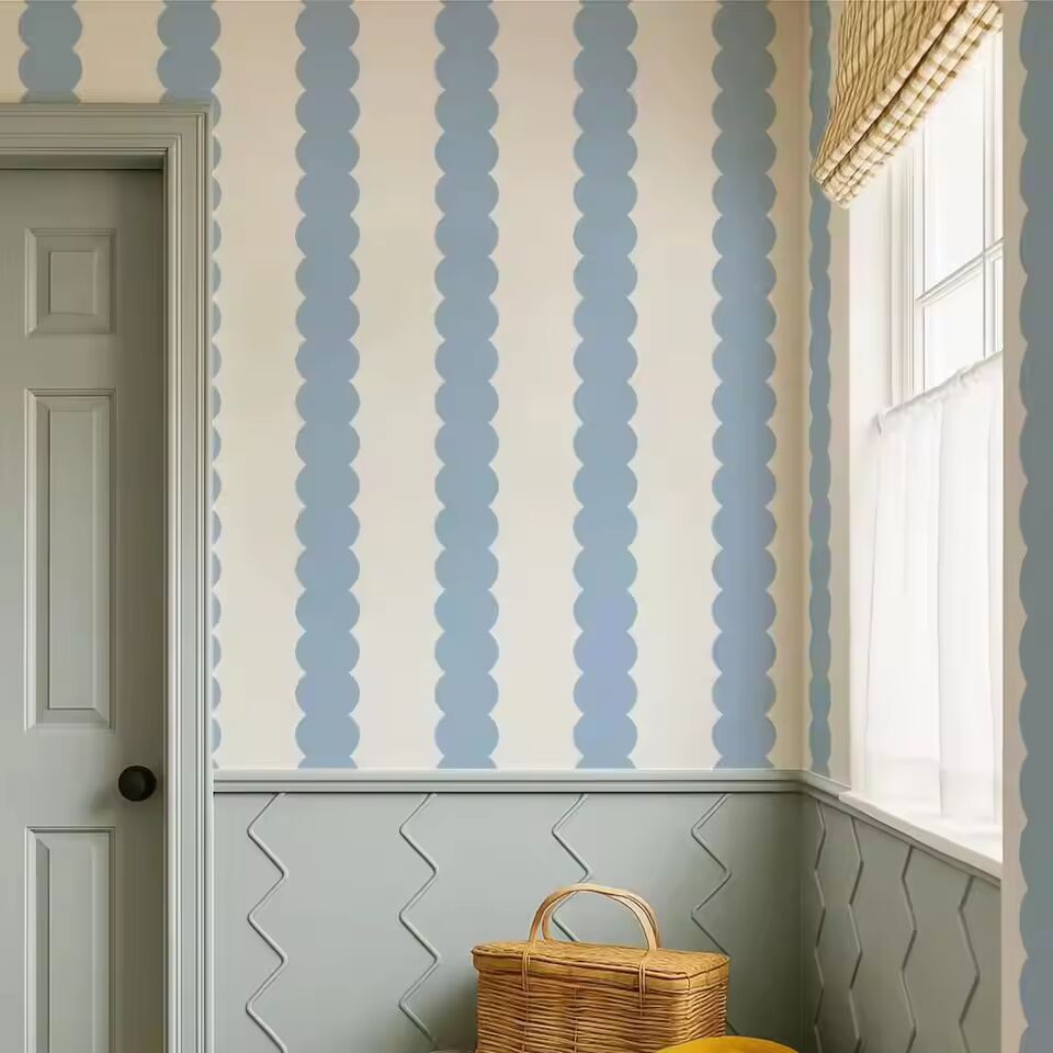 Blue Abstract Bubble Lines Peel and Stick Removable Wallpaper, Scallop Stripe Blue Modern Wall Mural,Tradition Un-paste Papers