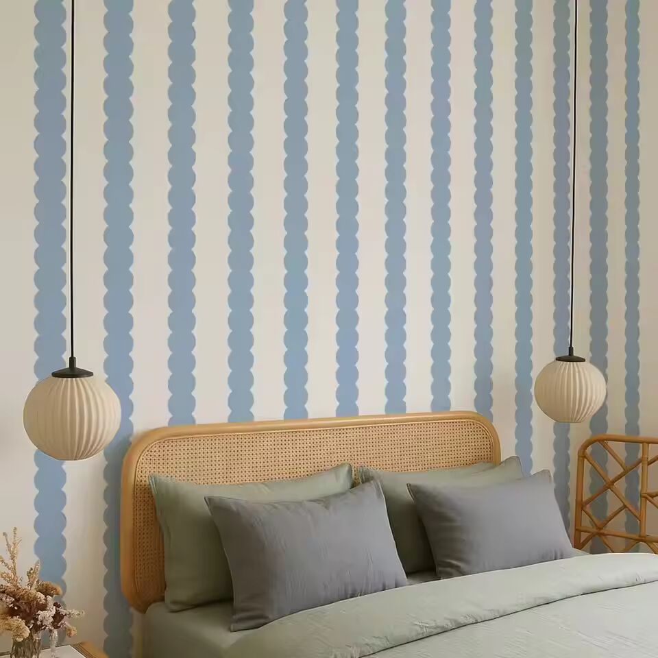 Blue Abstract Bubble Lines Peel and Stick Removable Wallpaper, Scallop Stripe Blue Modern Wall Mural,Tradition Un-paste Papers