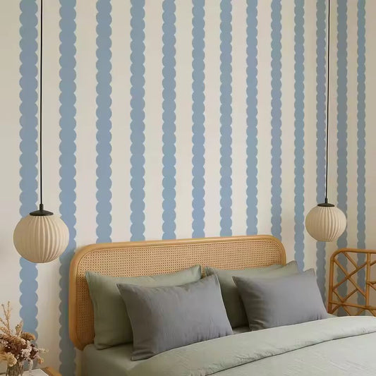 Blue Abstract Bubble Lines Peel and Stick Removable Wallpaper, Scallop Stripe Blue Modern Wall Mural,Tradition Un-paste Papers
