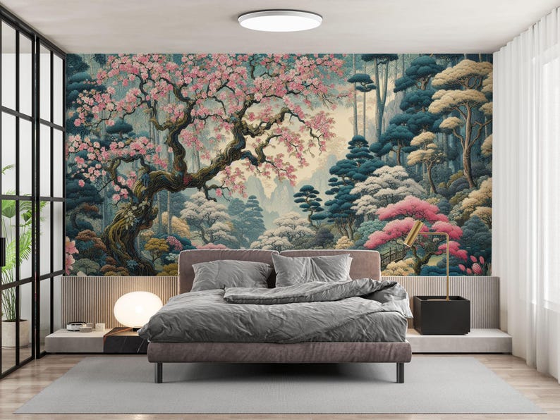 Cherry Blossom Forest Wallpaper, Japanese Landscape Mural, Pink Floral Peel and Stick Wallpaper